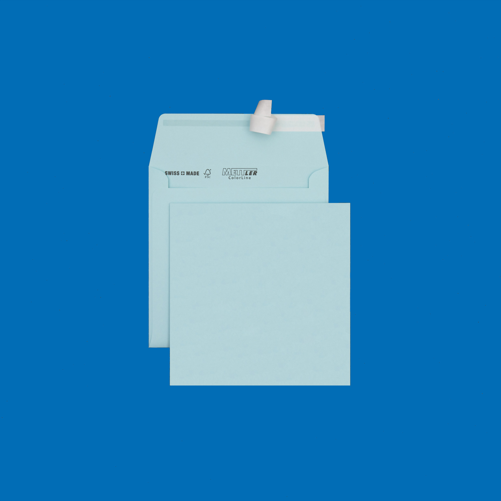 Couvert quadratisch 155 x 155mm, pastellblau, ohne Fenster, haftklebend, FSC – Mettler Couvert