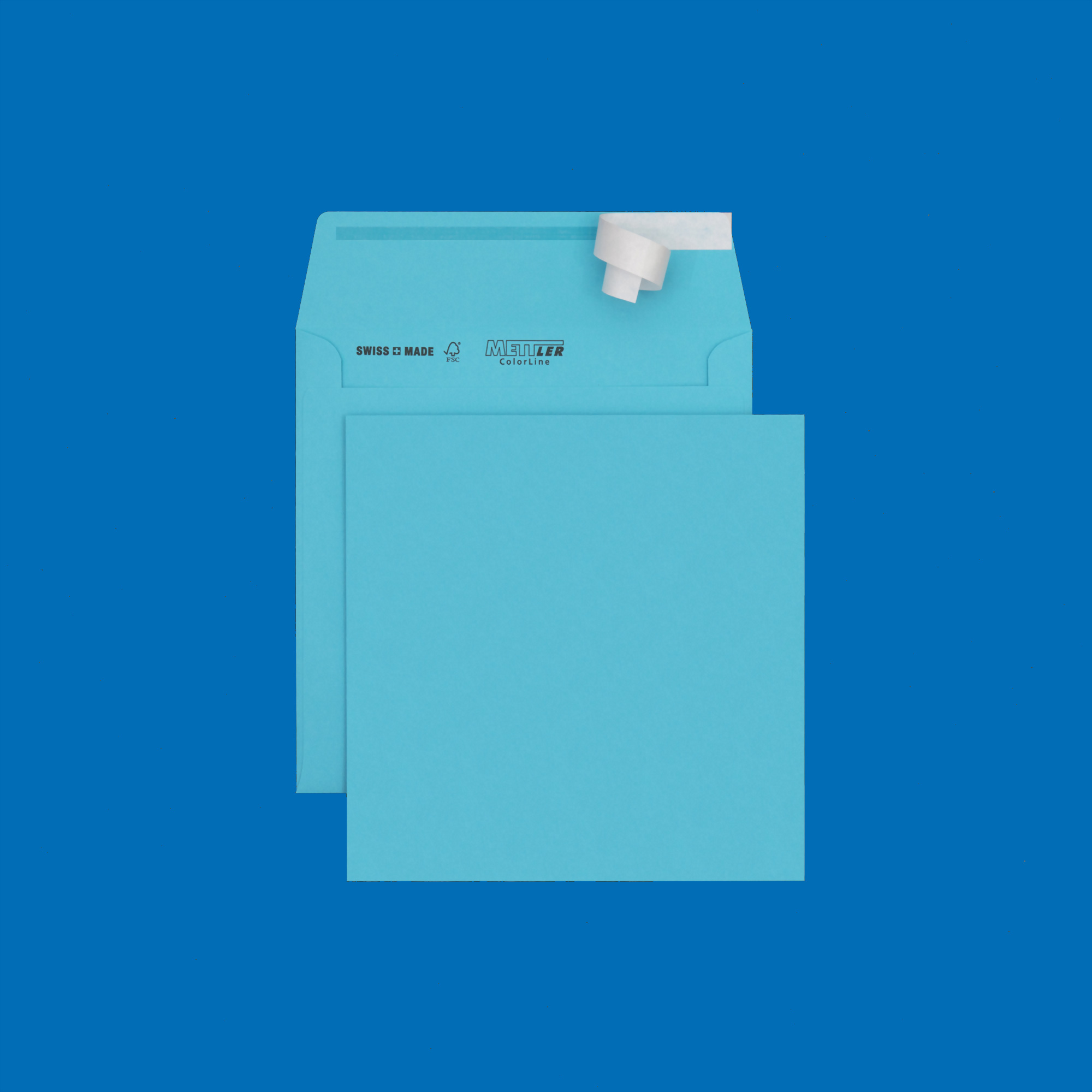 Couvert quadratisch 175 x 175mm, hellblau, ohne Fenster, haftklebend, FSC – Mettler Couvert
