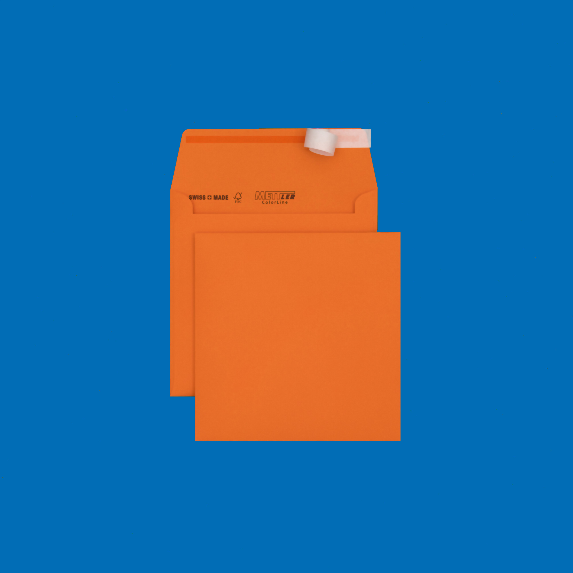 Couvert quadratisch 155 x 155mm, orange, ohne Fenster, haftklebend, FSC – Mettler Couvert