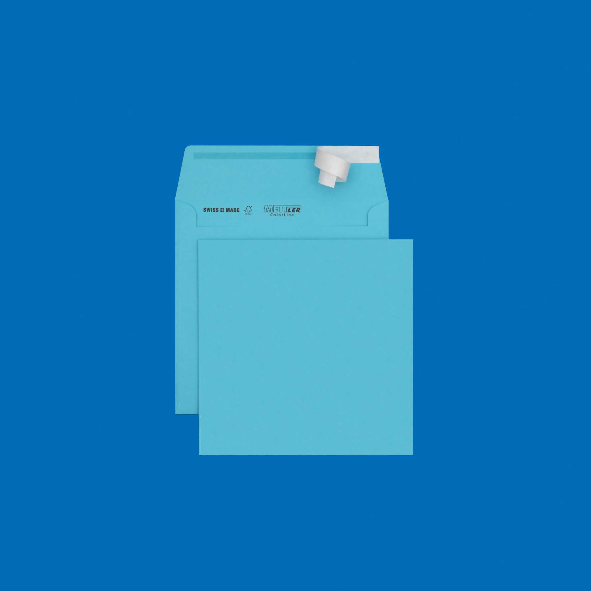 Couvert quadratisch 155 x 155mm, hellblau, ohne Fenster, haftklebend, FSC – Mettler Couvert