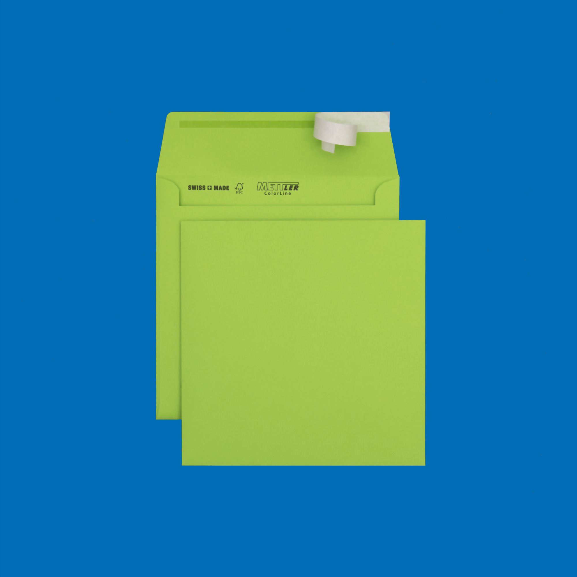 Couvert quadratisch 175 x 175mm, giftgrün, ohne Fenster, haftklebend, FSC – Mettler Couvert